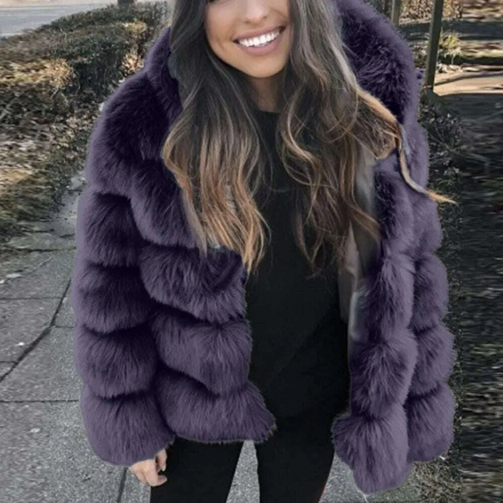 KIMLUD, DEAT Fashion Imitation Fox Fur Grass Jacket Women's Hooded Loose Long Sleeves Patchwork Plush Thick Coat Winter New 7A975, KIMLUD Womens Clothes