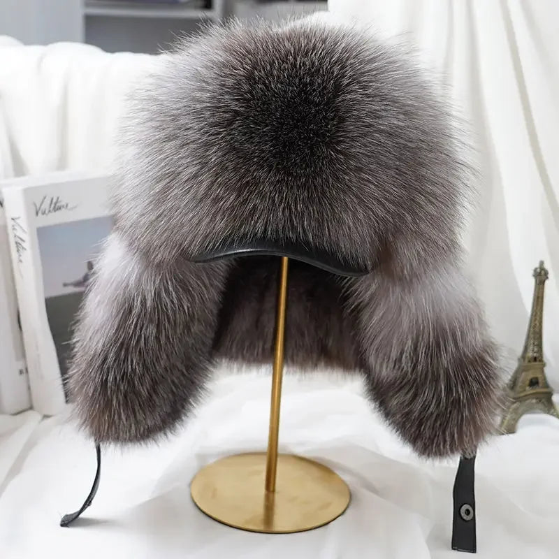 Real Silver Fox Fur Bomber Hat Leather Top — Silver | KIMLUD