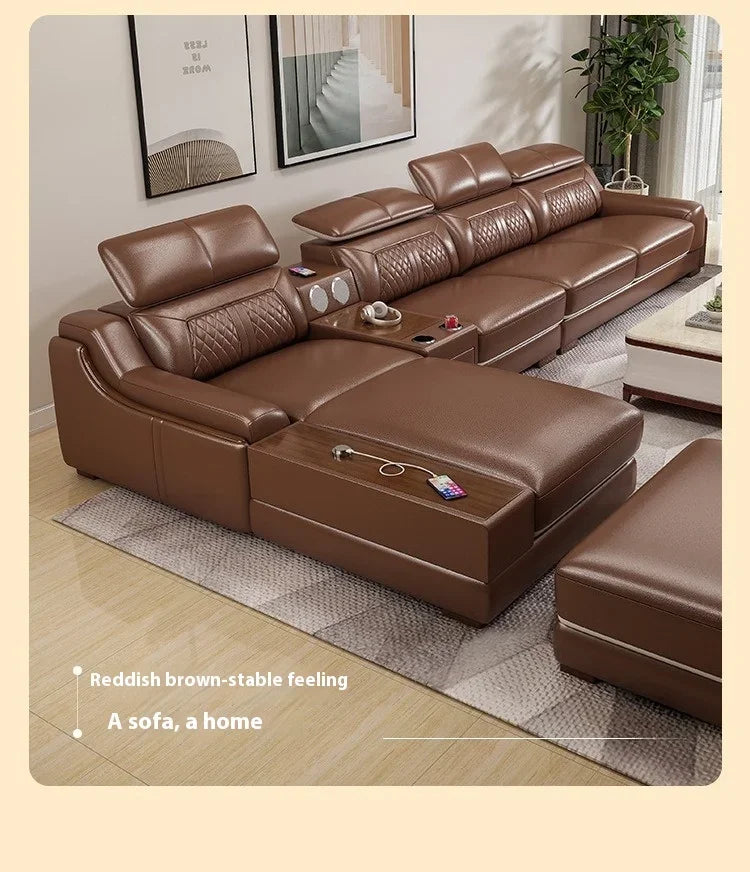 Genuine Italian Leather Sofa L-Shaped With Cup Holders USB Bluetooth — Light Gray | KIMLUD