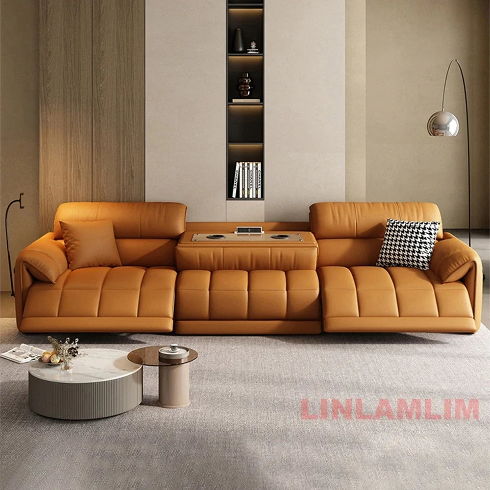 Italian Genuine Leather Electric Reclining Sofa With Adjustable Footrest USB And Foldable Center Console — Caramel Tan | KIMLUD
