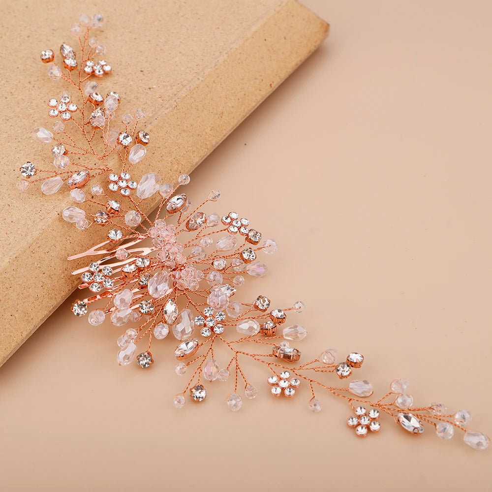 KIMLUD, Vintage Rose gold Silver Wedding Accessories bridal headwear Shiny Crystal Hair comb Elegant banquet for women, KIMLUD Womens Clothes