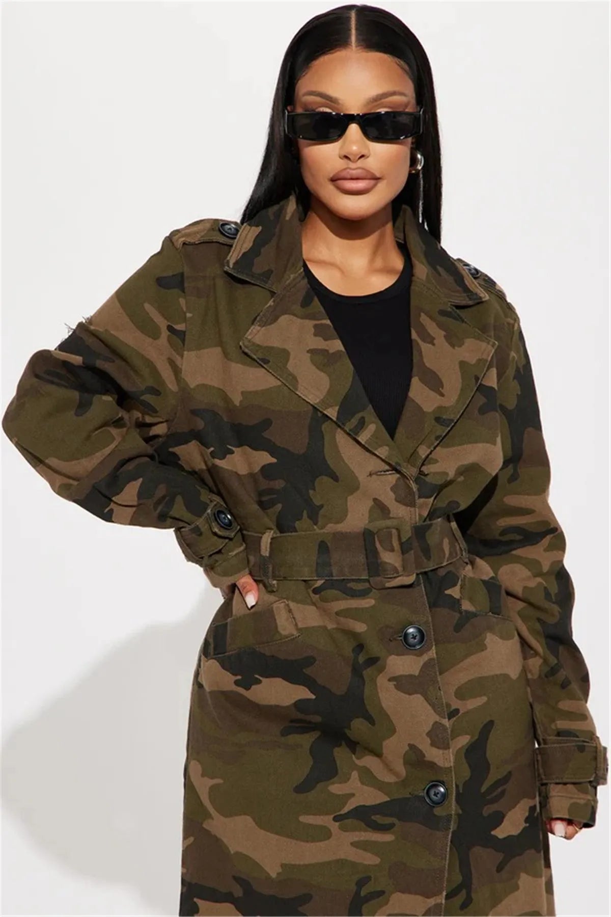 Camouflage Ripped Trench Jacket Long Coats Hole Windbreaker Sashes Single Breasted 2025 Women Streetwear Jackets Outerwear