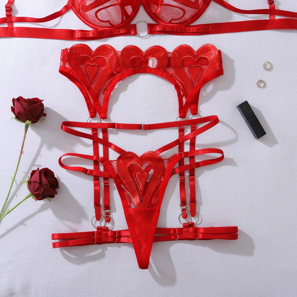 Ellolace Premium Sexy Female Lingerie Romantic Heart Embroidered Bra Belt Thong 3PC with Leg Circles Sparkling See Through Kit