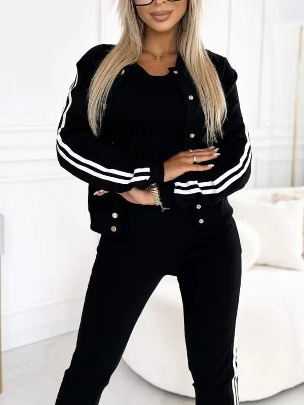 Autumn Three-Piece Set Women's Suit Striped Tape Patch Buttoned Jacket + Tank Top + Pants Sets Lady Sportswear Casual Tracksuits