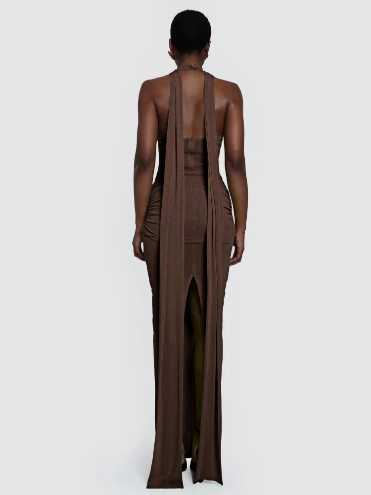 Backless Halter Dress - Draped Silhouette - Polyester - Brown | KIMLUD