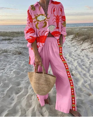 Two-Piece Set – Boho Beach Print – Loose Silhouette | KIMLUD