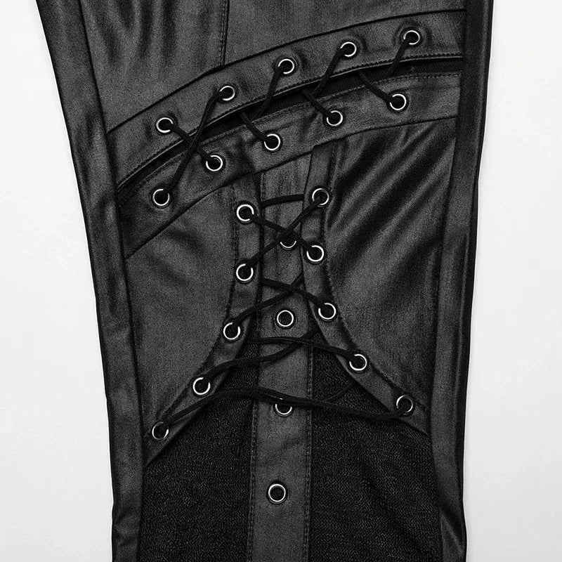 PUNK RAVE Women's Punk Geometrically Divided Textured Knit & Spliced Basic Leggings Gothic Sexy Cross Trousers