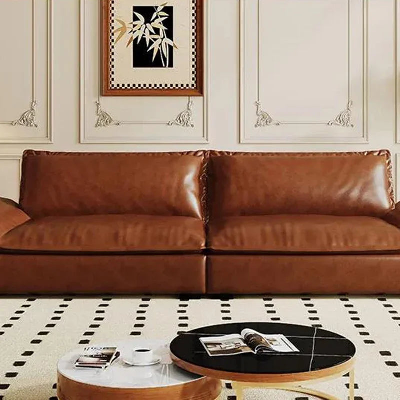 Ergonomic European Leather Sofa With Sculptural Low Profile — Brown | KIMLUD
