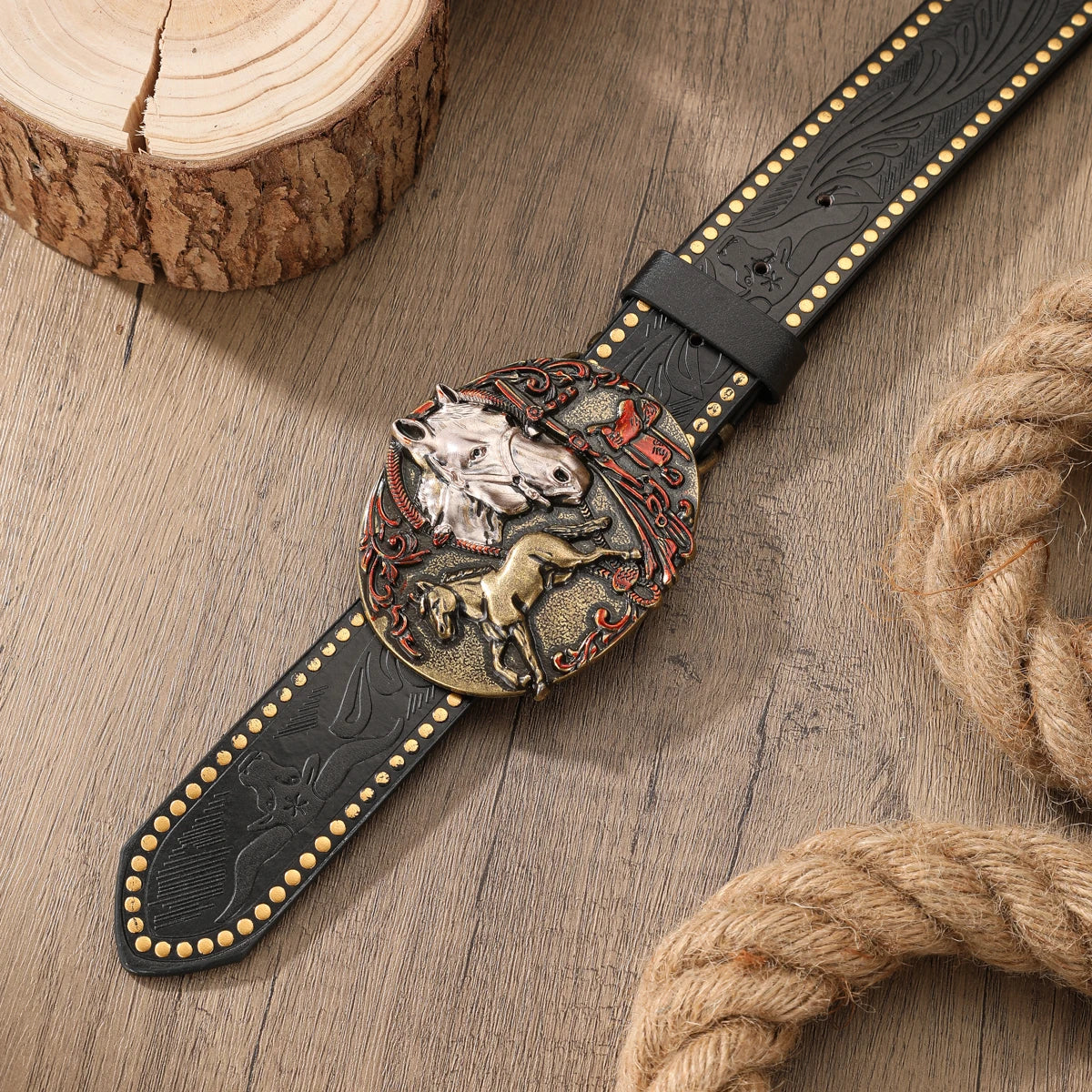 Retro Western PU Embossed Buckle Belt — Brown | KIMLUD
