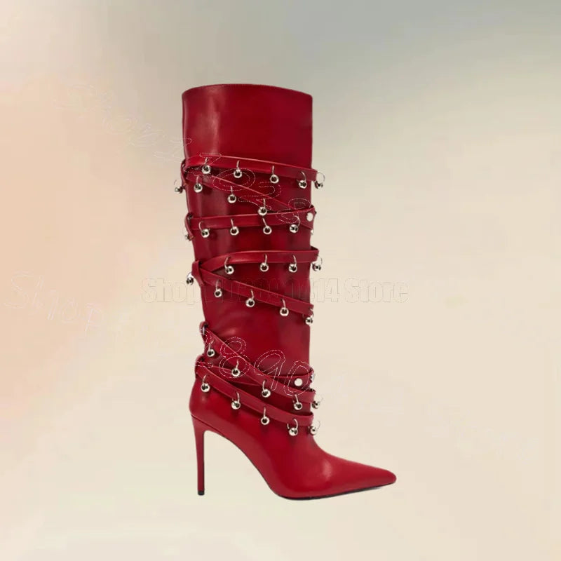 Boots – Metal Circle Rivet – Pointed Toe High Heel – Red | KIMLUD