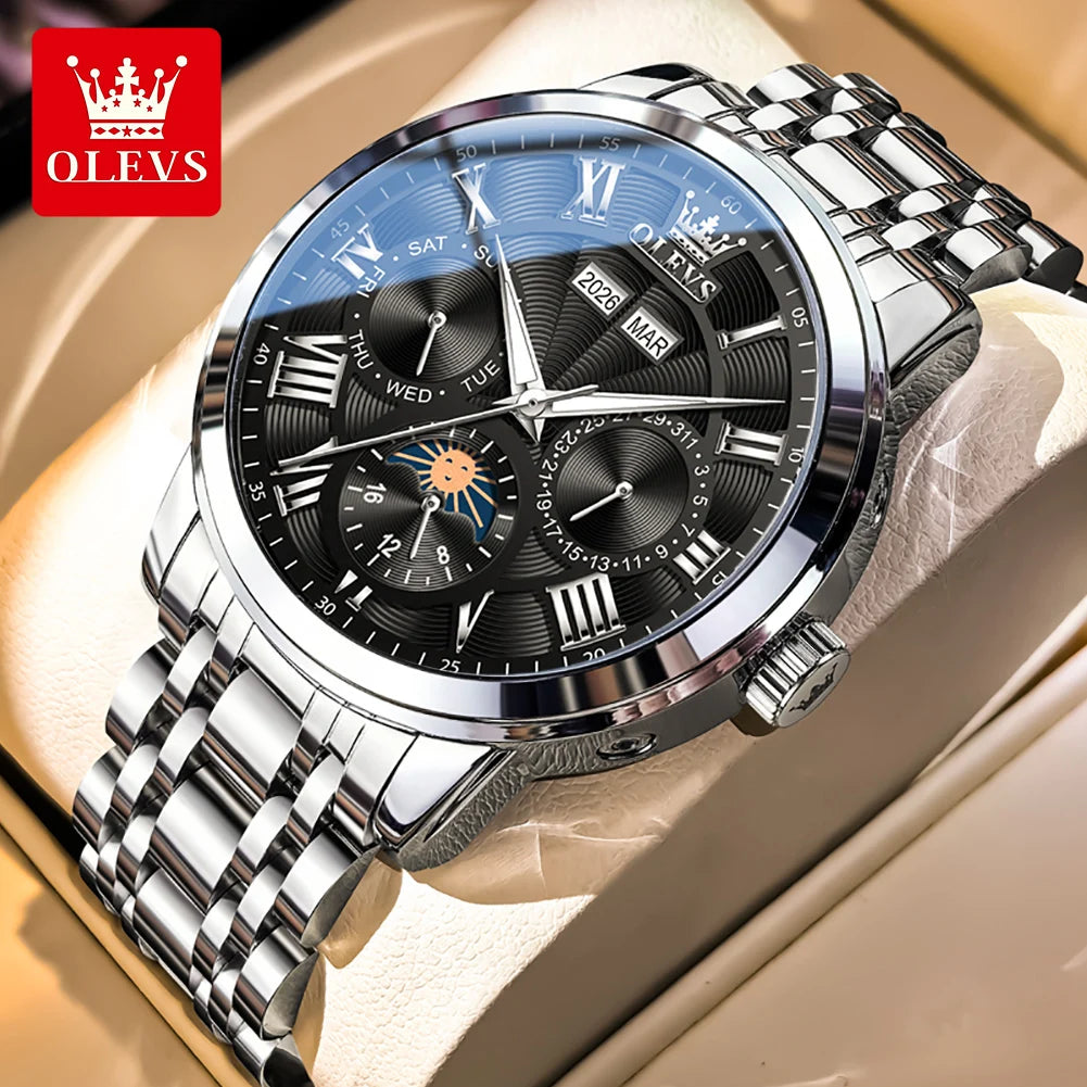 Stainless Steel Mens Watch Moon Phase Automatic — Silver | KIMLUD