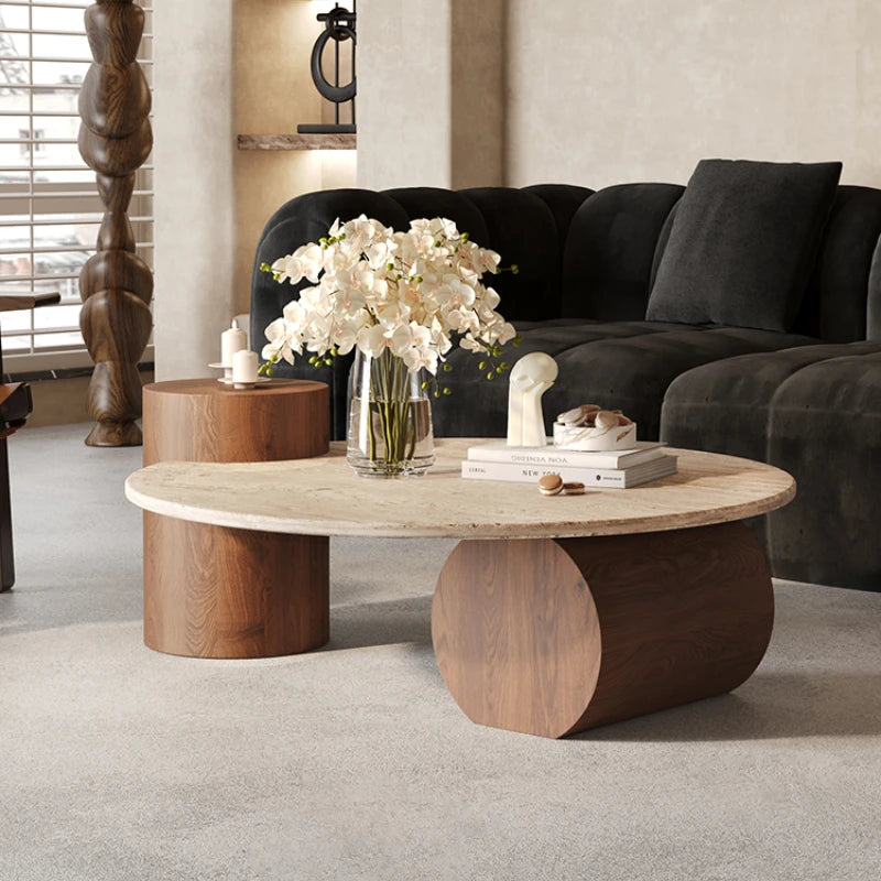 Nordic Minimalist Travertine Side Table Round Top With Solid Wood Pedestal — Beige | KIMLUD