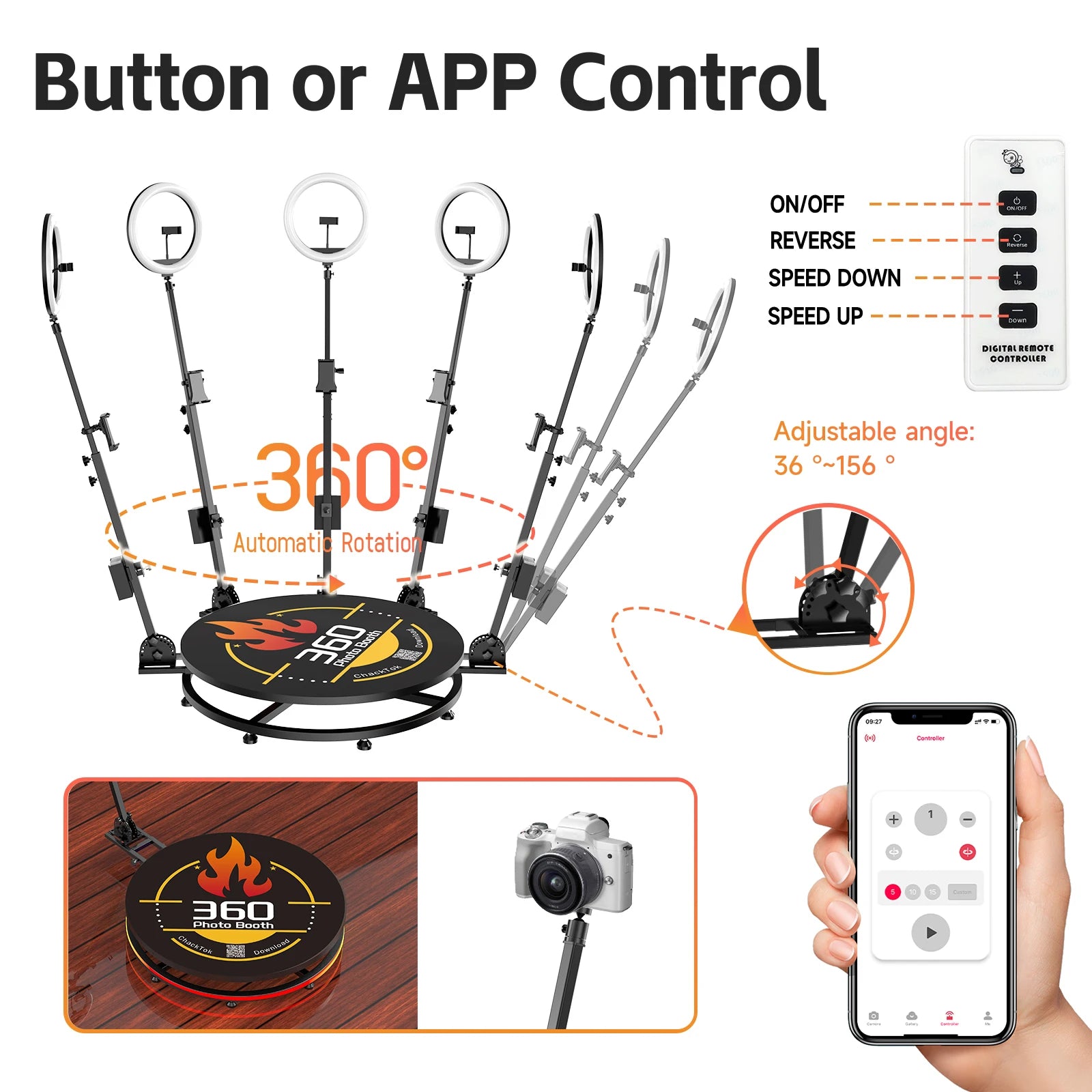 CHACKTOK 360 Photo Booth Machine for Parties 360 Spin Camera Booth with Extra Logo Customization Software APP Remote Automatic