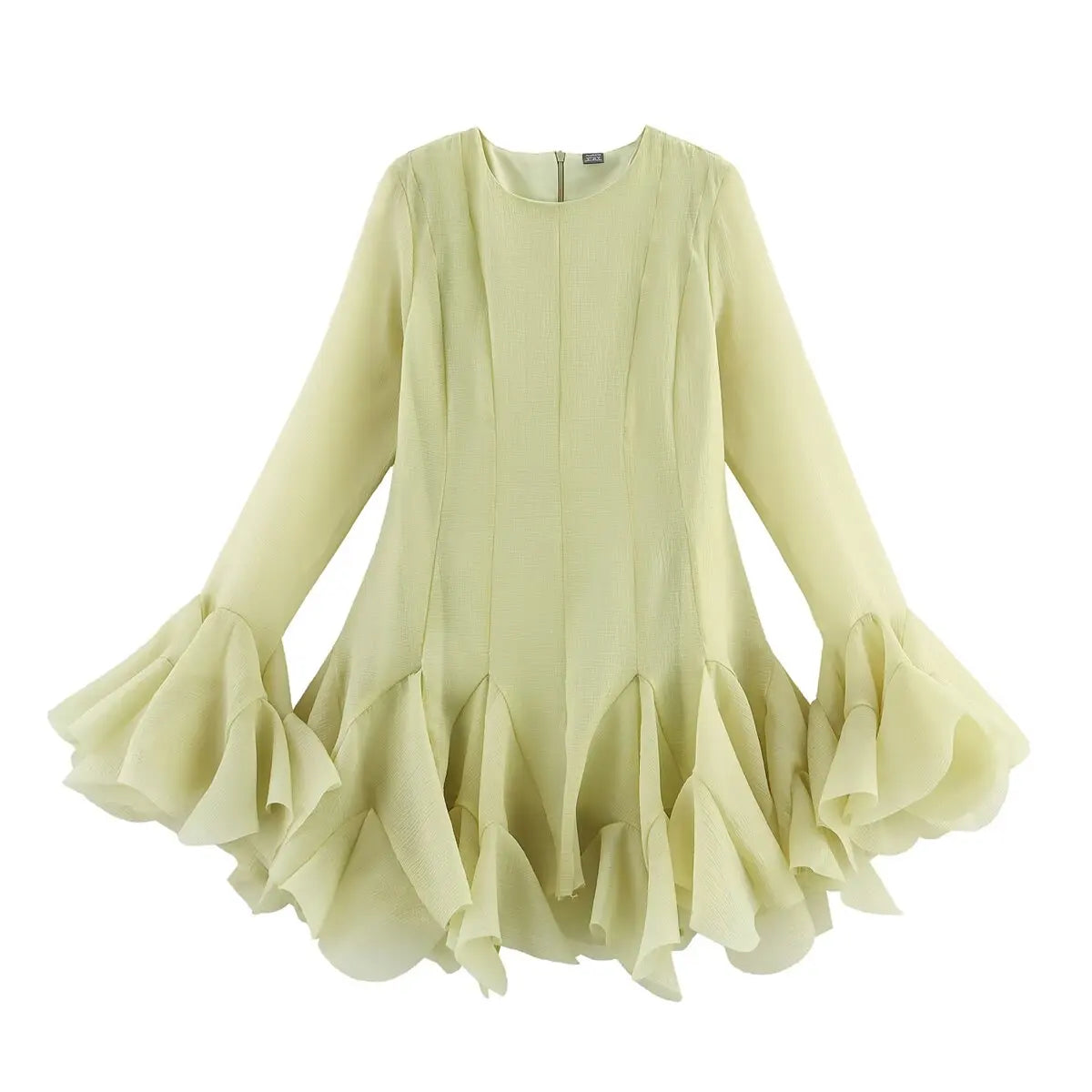 2026 Summer Women's Elegant Multi-Layered Ruffled Hem Mini Dresses Lady Sweet French Style Long Flare Sleeve Slim Fit Puffy Robe