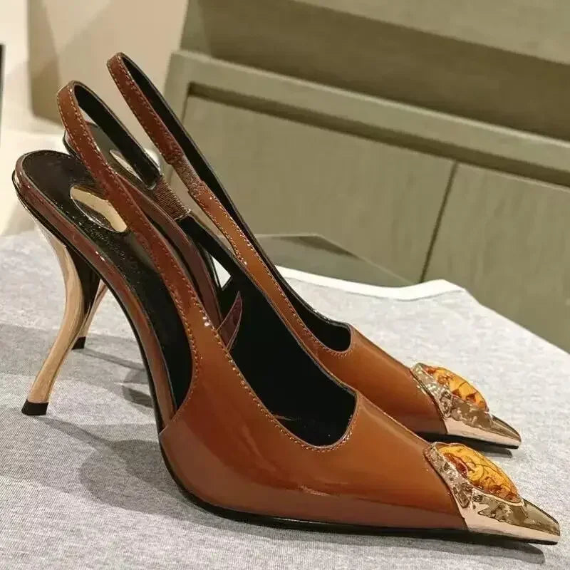 Metal Jewel Decoration Heels Pointed Toe Patent Leather — Black | KIMLUD