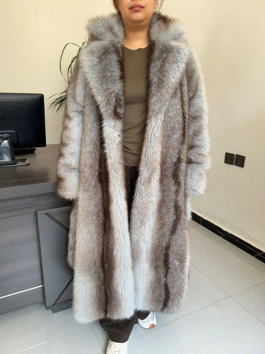 Faux Fur Coat - Long Waistband Design - Faux Fur - Large Collar | KIMLUD