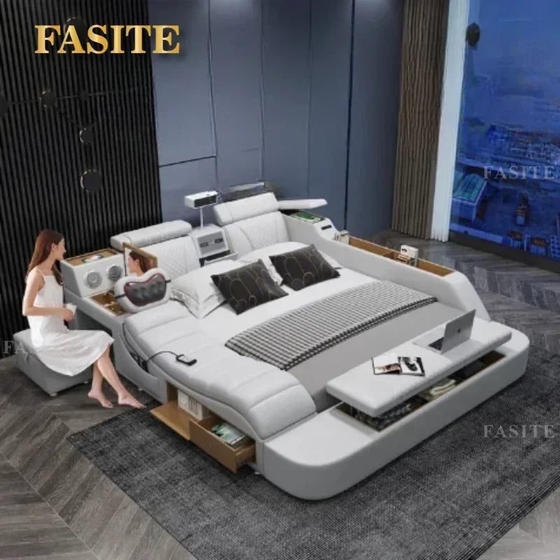 Leather Tatami Multifunction Bed With Projector — Ivory | KIMLUD