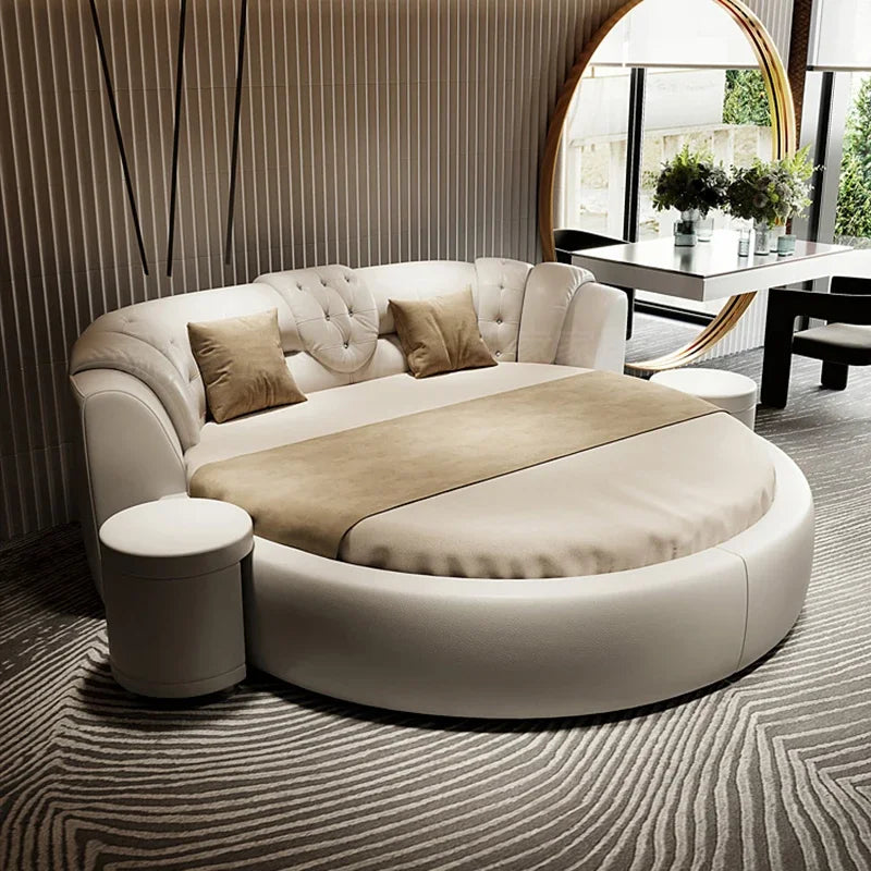 European Style Round Bed Luxury Leather Surface — Ivory White | KIMLUD