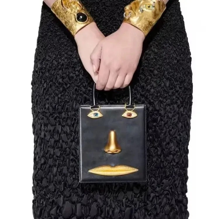 Gold-Tone Leather Face Bag Geometric Motif — Gold | KIMLUD