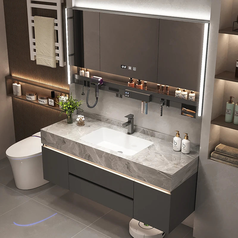 Solid Wood Vanity Cabinet With Marble Countertop And Integrated Mirror Lighting — White | KIMLUD