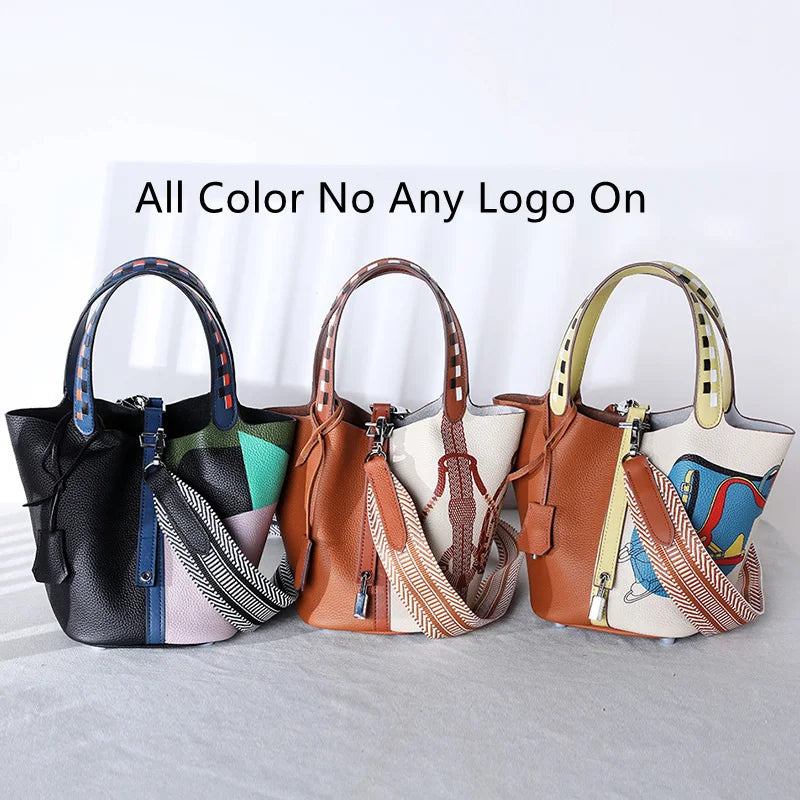 KIMLUD, Various Genuine Leather Luxury Bag Fashion Women's Handbag Vegetable Basket Style Portable Women Bucket Bag with Lock, KIMLUD Womens Clothes
