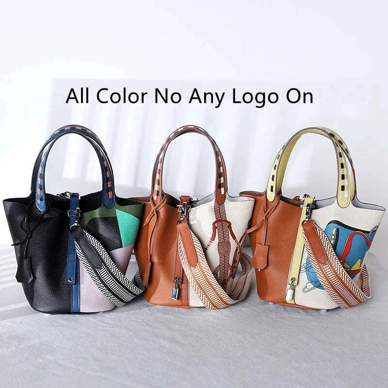 KIMLUD, Various Genuine Leather Luxury Bag Fashion Women's Handbag Vegetable Basket Style Portable Women Bucket Bag with Lock, KIMLUD Womens Clothes