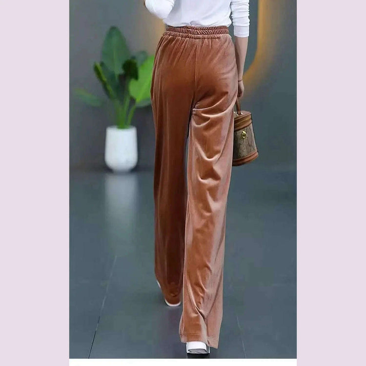 Korean Fashion Women Pleuche Pants Autumn Winter Elastic High Waist Solid Pockets Loose Office Lady Straight Wide Leg Trousers