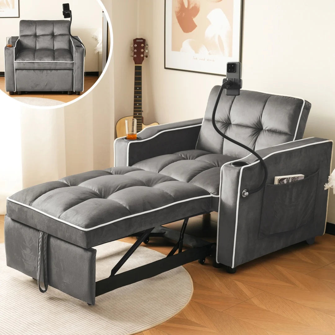 Fabric 3-in-1 Sofa Bed With Beverage Rack And Phone Holder And Recliner — Slate Gray | KIMLUD