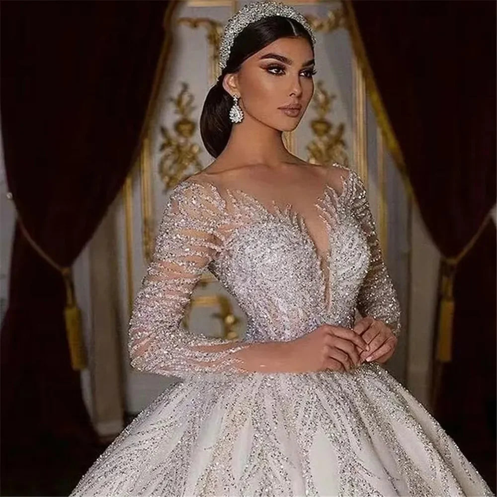 Customized Luxury Princess Wedding Dresses Crystals Beaded Bridal Dress Illusion Tulle Long Sleeves Sparkly Vestido de noiva