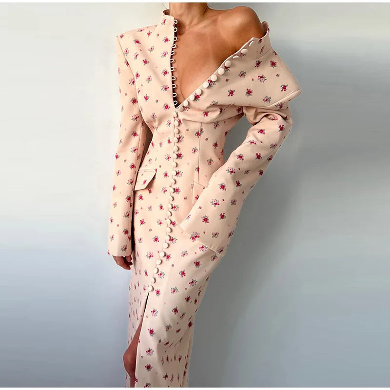 Cotton Elegant Floral Blazer Dress — Beige | KIMLUD