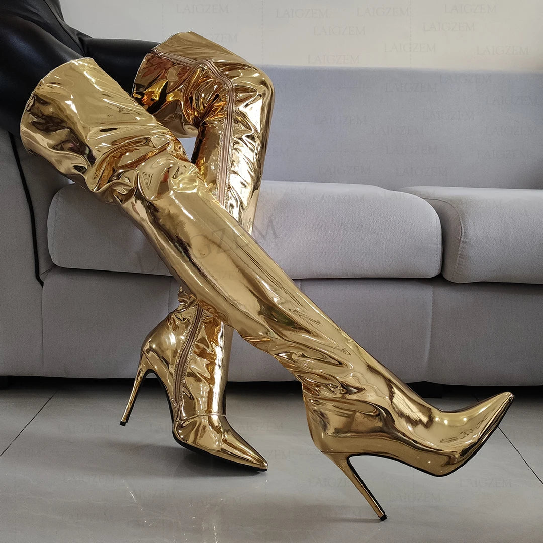 LAIGZEM Women Thigh High Boots Pointed Toe Zip Up Stiletto High Heels Over Knee Boots Ladies Shoes Woman Big Size 39 41 43 45 47