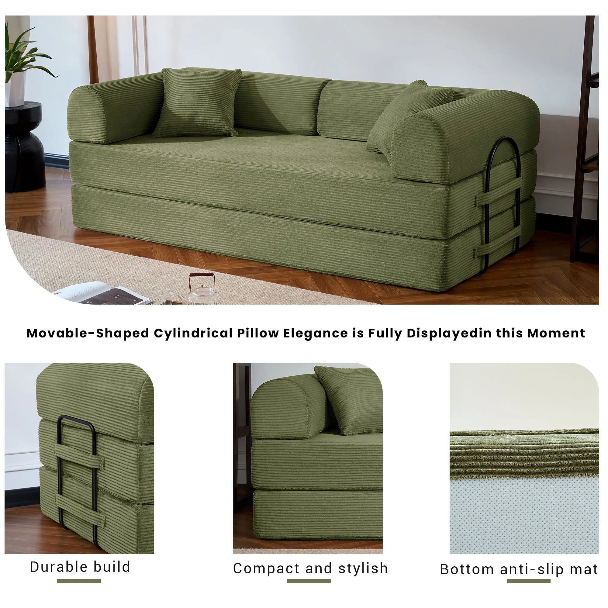 Corduroy Folding Convertible Sofa Bed — Olive | KIMLUD
