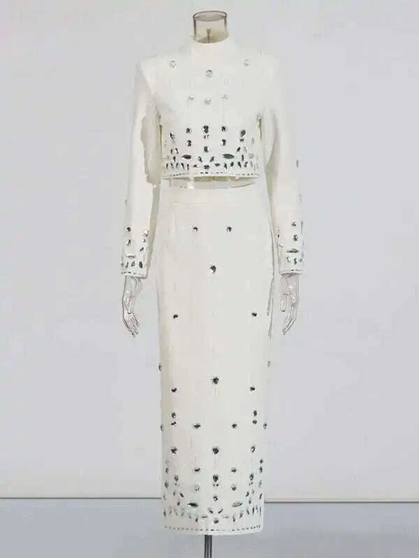 KIMLUD, TWOTWINSTYLE Solid Spliced Diamonds Two Piece Set For Women Stand Collar Long Sleeve Tops High Waist A Line Skirt Set Female New, KIMLUD Womens Clothes