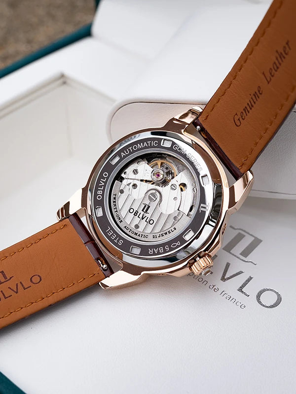 Leather Automatic Wristwatch 40mm Luminous Bezel — Chocolate Brown | KIMLUD