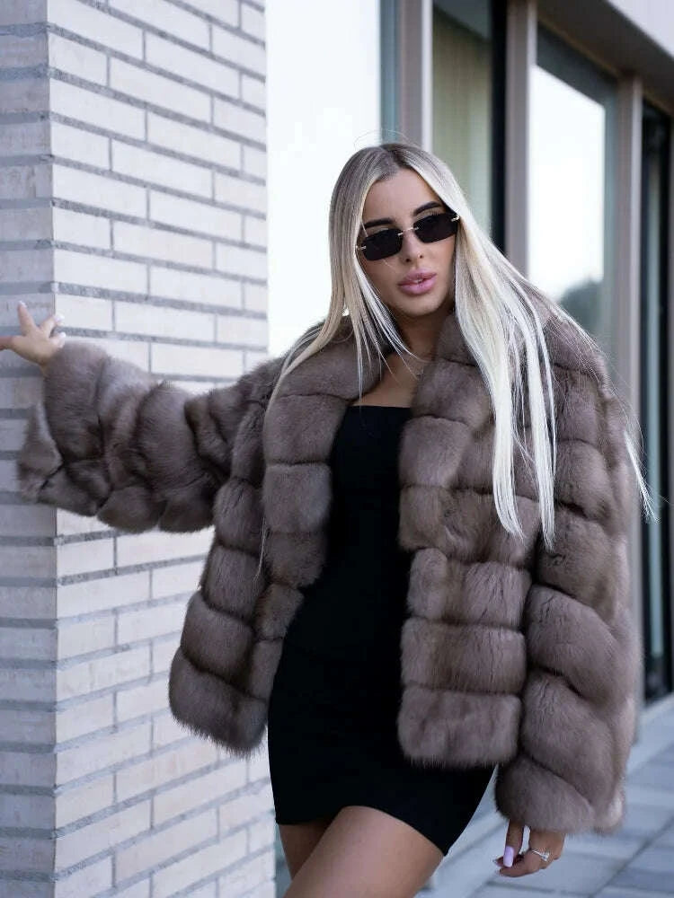 KIMLUD, Women Patchwork Faux Fur Coat Elegant Contrast Full Sleeve Lapel Loose Long Staple Plush Jacket Winter High Street Outerwears, KIMLUD Womens Clothes