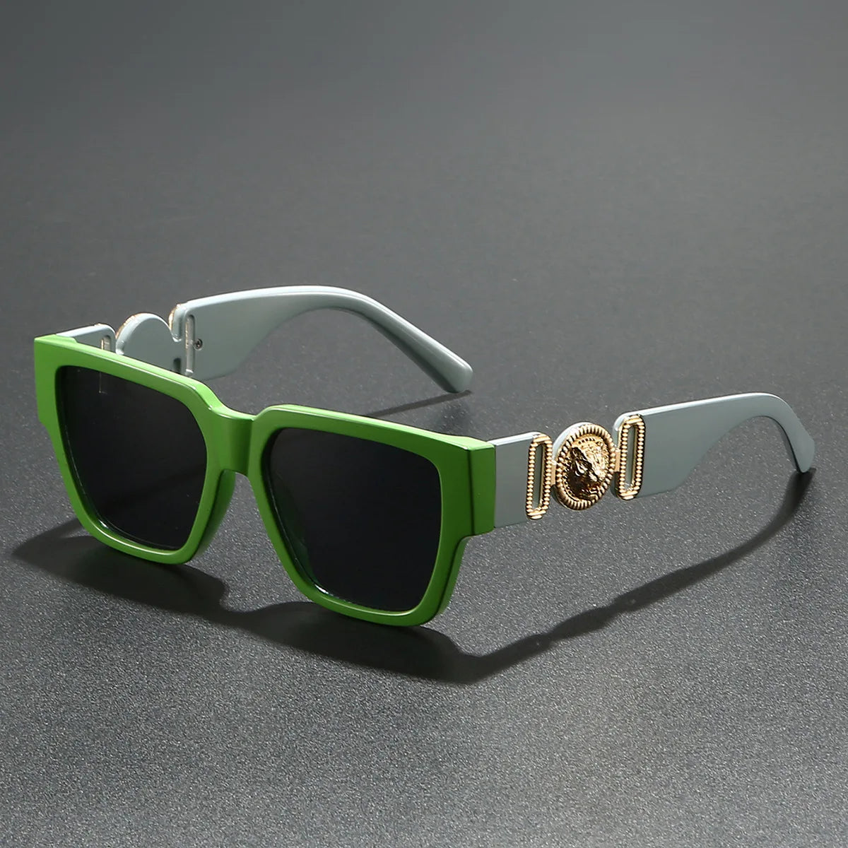 Square Polycarbonate Sunglasses Gold-Tone Lion Motif — Black | KIMLUD