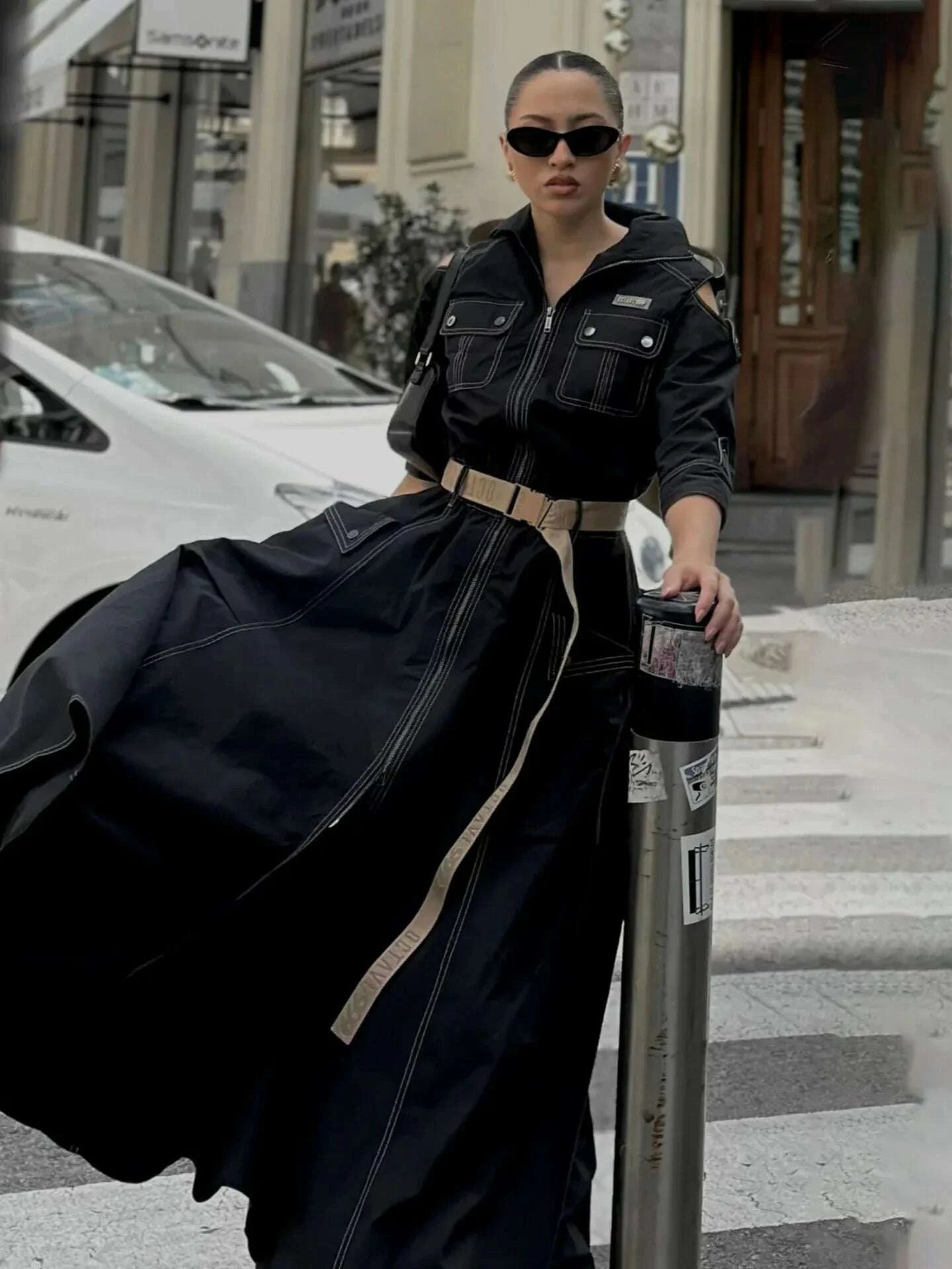 KIMLUD, Retro Maxi Shirt Dress Women 2025 Turndown Neck Half Sleeve Zipper Belt Pockets Long Dress Ladies Streetwear Women Clothes, KIMLUD Womens Clothes