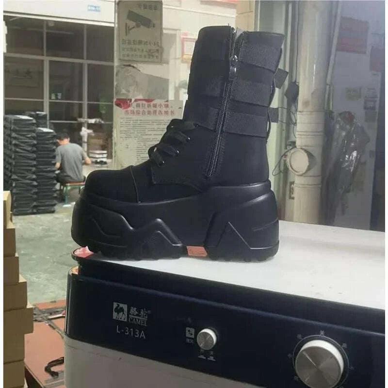 KIMLUD, Women Ankle Booties Autumn Leather Chunky Shoes Woman High Platform Breathable Sneakers 9CM Thick Sole Wedges Motorcycles Boots, KIMLUD Womens Clothes