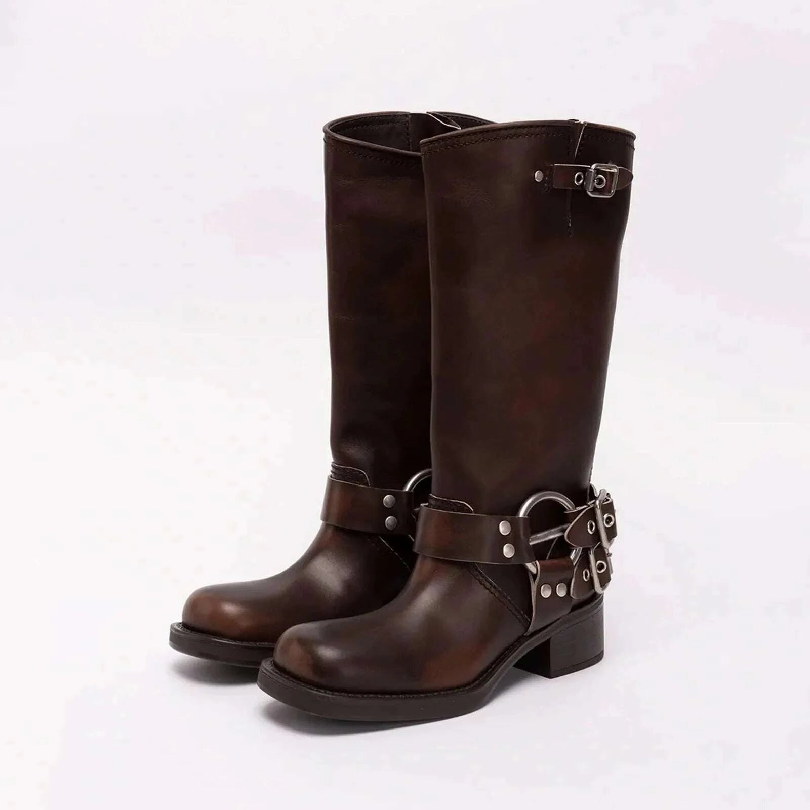 KIMLUD, Arden Furtado 2025Autumn Brown Platform Motorcycle boots Round toe Belt buckle Slip-on Middle heel Knee high boots Western boots, KIMLUD Womens Clothes