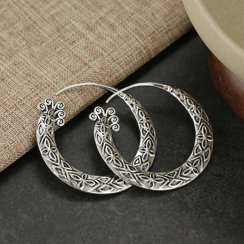 Crescent Hoop Earrings – Bohemian Style Retro Pattern – Copper | KIMLUD