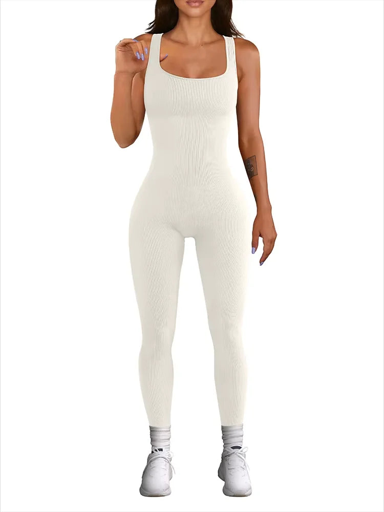 Women's Sleeveless Yoga Jumpsuit Exercise Ribbed Square Neck Vest High Waist Fitness Sports One-piece Yoga Suit