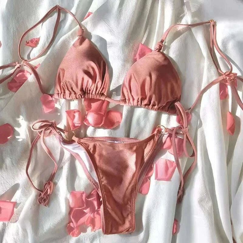 KIMLUD, 2023 New Sexy Bikini Luxury Swimwear Women Solid Folds Swimsuit Female Bandeau Thong Brazilian Bikini Set Beach Bathing Suit, KIMLUD Womens Clothes