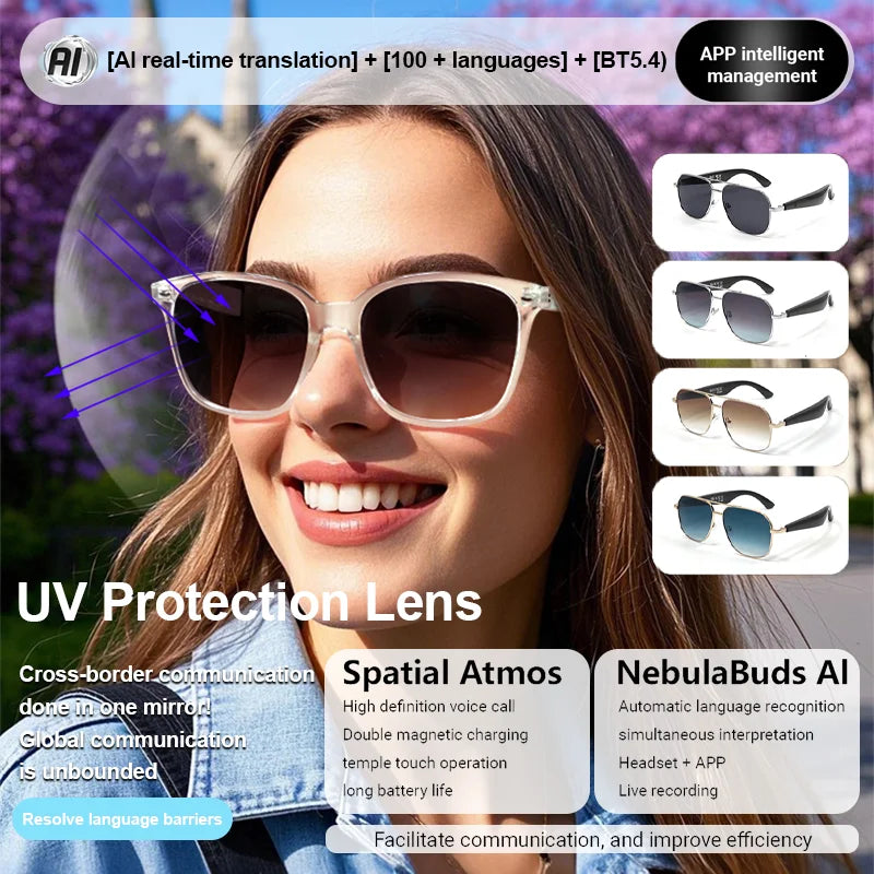 LIGE AI Real-time Translation Smart Wireless Glasses 100+Languages Bluetooth 5.4 UV Production Sunglasses For Meeting Travelling