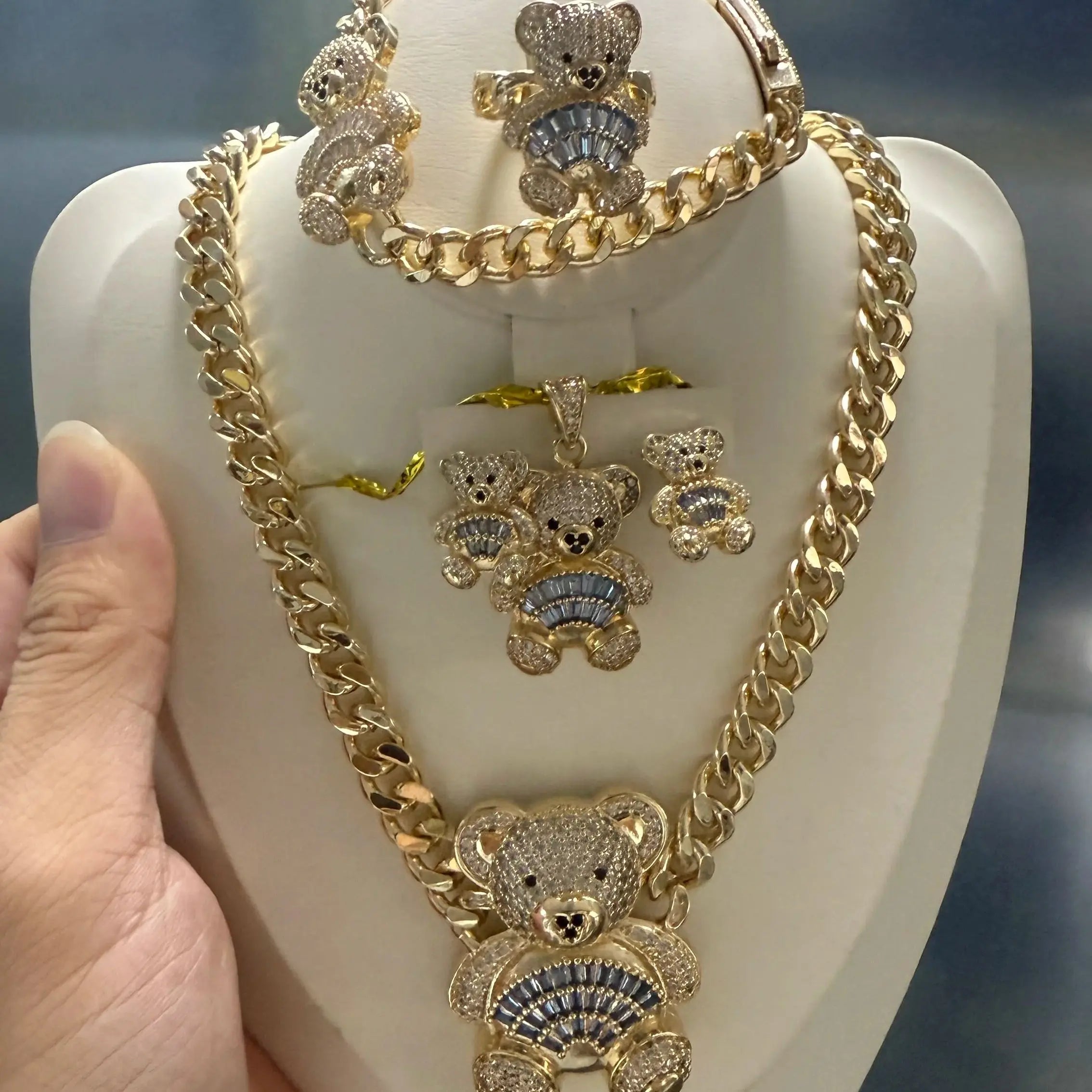 Gold Plated Diamond Bracelet Earrings Set — Gold | KIMLUD