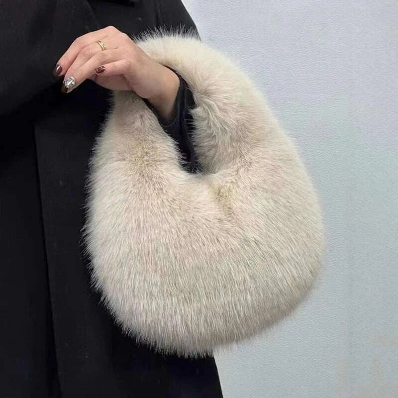 KIMLUD, Fashion Soft Plush Half Moon Bags for Women Designer Fluffy Faux Fur Lady Handbags Luxury Small Tote Female Winter Purses, KIMLUD Womens Clothes