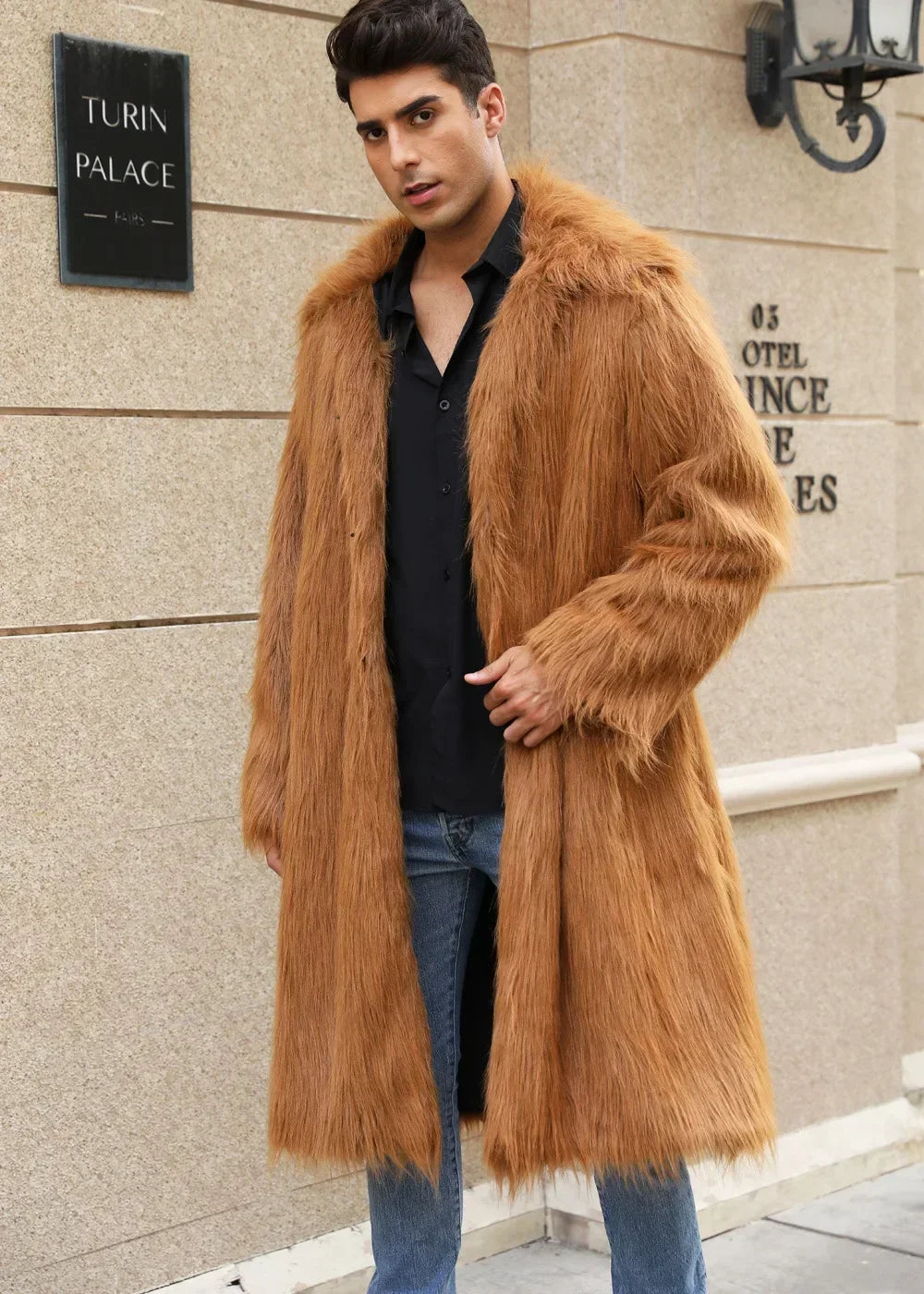 Men's Faux Fur Coat - Long Coat - Faux Fur | KIMLUD
