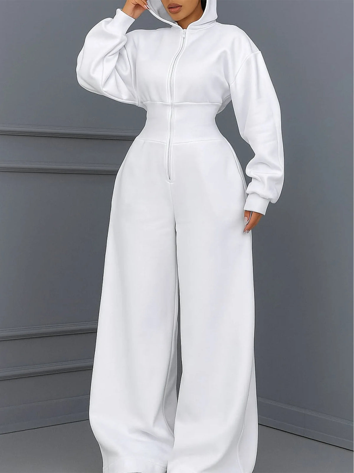 Hooded Zipper Jumpsuit Elastic-Waist — Black | KIMLUD