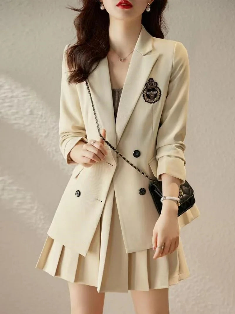 KIMLUD, Korean Preppy Suit Women Fashion Embroidered Badge Double Breasted Jacket+High Waisted Pleated Mini Skirt Elegant Party Set 131F, KIMLUD Womens Clothes