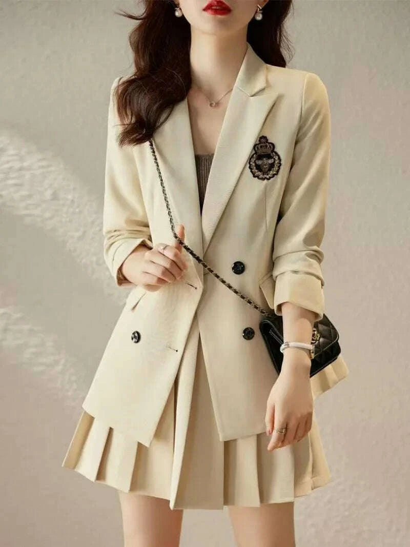 KIMLUD, Korean Preppy Suit Women Fashion Embroidered Badge Double Breasted Jacket+High Waisted Pleated Mini Skirt Elegant Party Set 131F, KIMLUD Womens Clothes