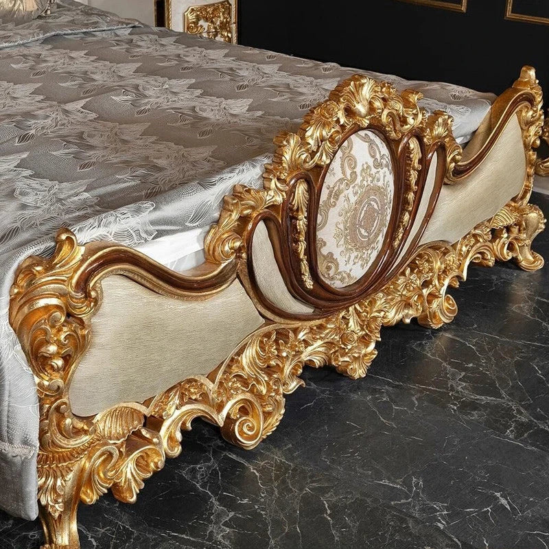 Elegant Hand Carving Design Vintage Gold Wooden King Queen Bed Classical Fabric Upholstered Luxury Bedroom Furniture